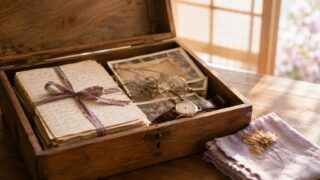 古い手紙や写真、眼鏡、時計が入った木箱と乾いた花。実家の片づけ・生前整理のイメージ