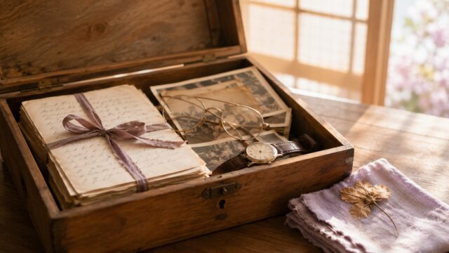 古い手紙や写真、眼鏡、時計が入った木箱と乾いた花。実家の片づけ・生前整理のイメージ