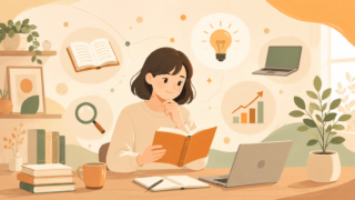 本を読む女性のまわりに本・電球・ノートパソコン・虫めがね・右肩上がりのグラフが浮かぶ、教養（学ぶ力・稼ぐ力・情報を見抜く力）をあらわす温かいイラスト