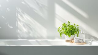 明るく清潔なバスルームと観葉植物・白いタオル。すっきり片付いた水回りのイメージ