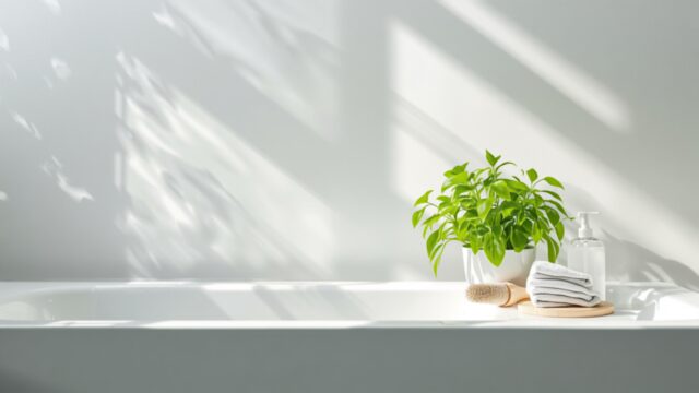 明るく清潔なバスルームと観葉植物・白いタオル。すっきり片付いた水回りのイメージ