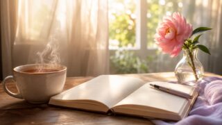 窓辺の朝、湯気の立つお茶と開いたノートと一輪の花——満ち足りた暮らしのイメージ