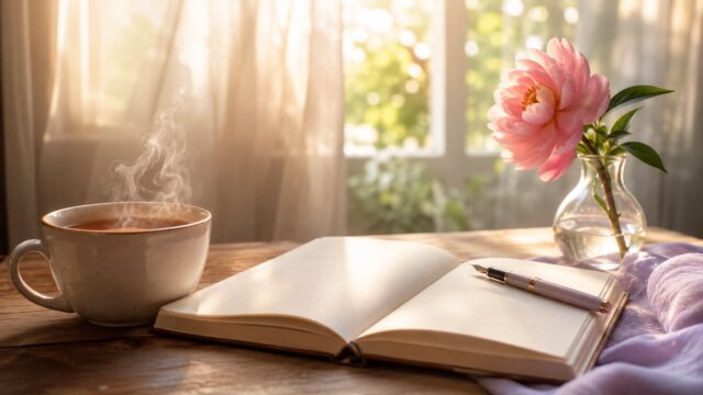 窓辺の朝、湯気の立つお茶と開いたノートと一輪の花——満ち足りた暮らしのイメージ