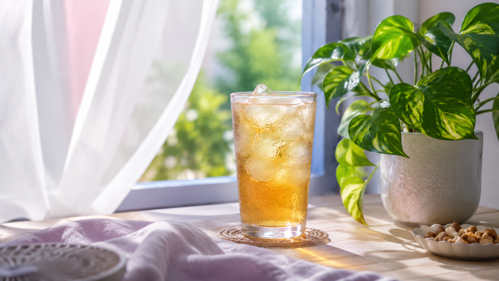 涼やかな夏の朝の窓辺。冷たい麦茶のグラスと観葉植物、そよぐ白いカーテン