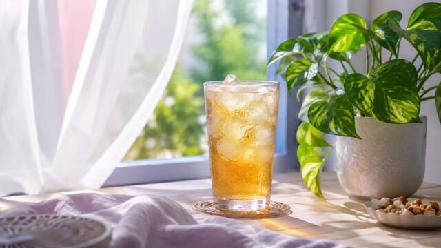 涼やかな夏の朝の窓辺。冷たい麦茶のグラスと観葉植物、そよぐ白いカーテン