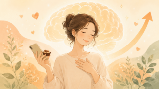 スマホやお菓子などの小さな誘惑を片手に、もう一方の手を胸にあてて自分をいたわる女性。背景にやわらかく光る脳と、きらめき・ハート・右肩上がりの矢印が浮かぶ温かいイラスト