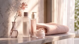 40代のスキンケアを絞る——窓辺の棚に並んだ最小限の化粧水・クリーム・タオルの静物