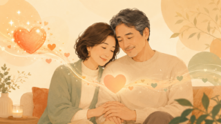 穏やかな中年の男女が寄り添い手を重ね、二人のあいだで華やかなハートが温かい光のハートへ変わっていく、長く育つ絆を描いた温かいイラスト