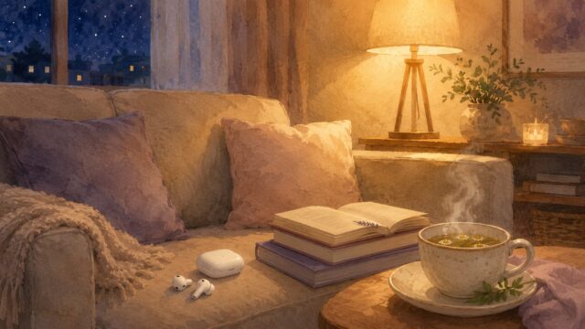 夜のソファにイヤホンと本、湯気のたつハーブティー