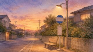 夕暮れの住宅街のバス停とベンチ、淡い夕焼けと一番星