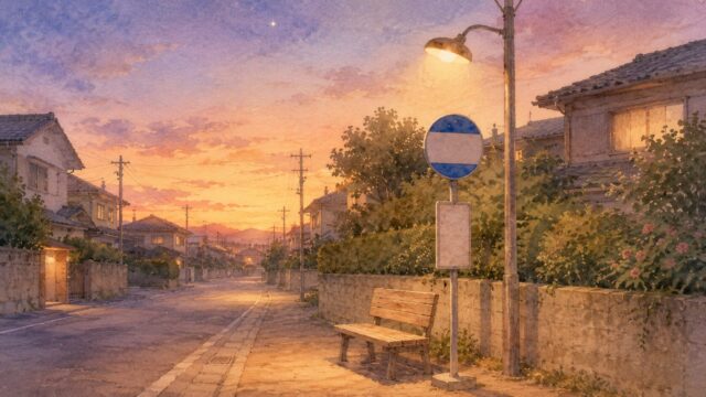 夕暮れの住宅街のバス停とベンチ、淡い夕焼けと一番星
