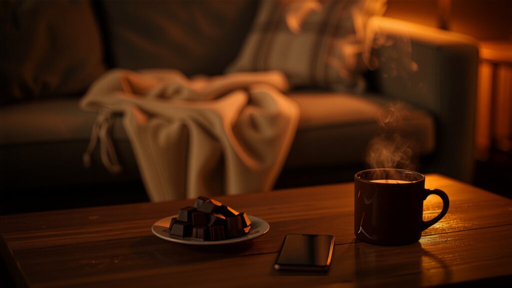 夜のリビング。ソファとブランケット、チョコレートと温かい飲み物のごほうび時間