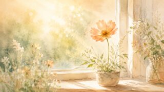窓辺で朝の光を浴びて自分のペースで咲く一輪の花の水彩画