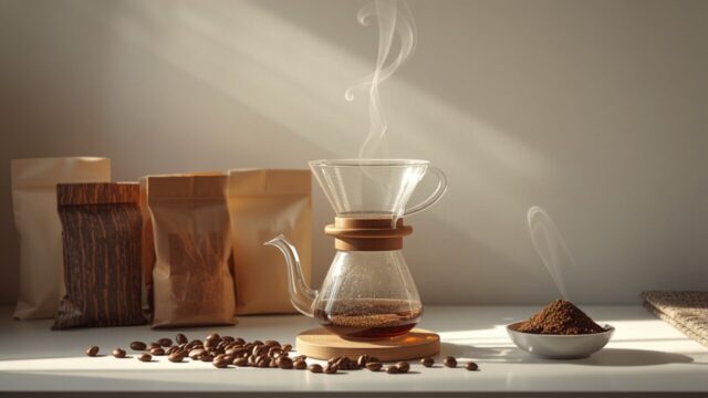 ハンドドリップのコーヒーと数種類の豆の袋。お試しから始める家淹れコーヒーのイメージ