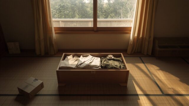 夏の実家の和室。桐箱に丁寧に畳まれた着物と段ボール。お盆の実家整理のイメージ