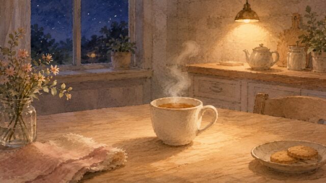 夜の静かな台所に灯りひとつ、湯気のたつお茶