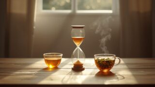 木のテーブルの砂時計と、湯気の立つ紅茶。待つ時間の豊かさのイメージ