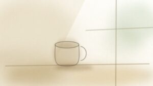 窓辺の空のマグカップと朝の光を描いた水彩イラスト