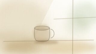 窓辺の空のマグカップと朝の光を描いた水彩イラスト