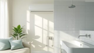 清潔感のある夏のリビングに設置されたエアコンと、水しぶきが爽やかな洗面・シャワーの水回り