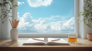 夏空の見える窓辺の机に開いたノートと鉛筆、麦茶。夏休みの学習のイメージ