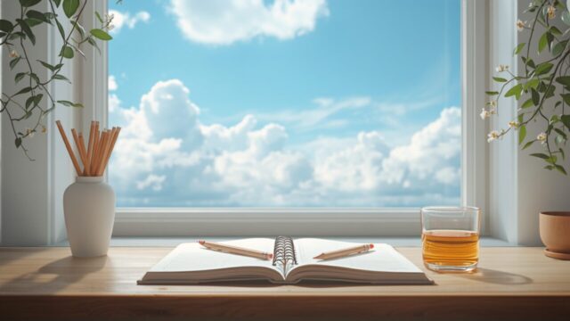夏空の見える窓辺の机に開いたノートと鉛筆、麦茶。夏休みの学習のイメージ