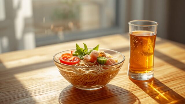 夏の光の入るテーブルに彩りそうめんと麦茶。夏休みの昼ごはんのイメージ