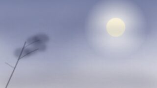 夜空に浮かぶ月と手前の枝を描いた水彩イラスト