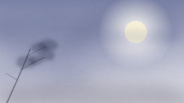 夜空に浮かぶ月と手前の枝を描いた水彩イラスト