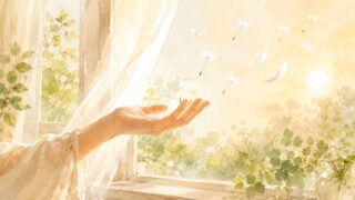 窓辺で手のひらを上に開き、綿毛が風に舞って離れていく水彩画