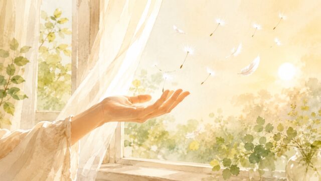 窓辺で手のひらを上に開き、綿毛が風に舞って離れていく水彩画