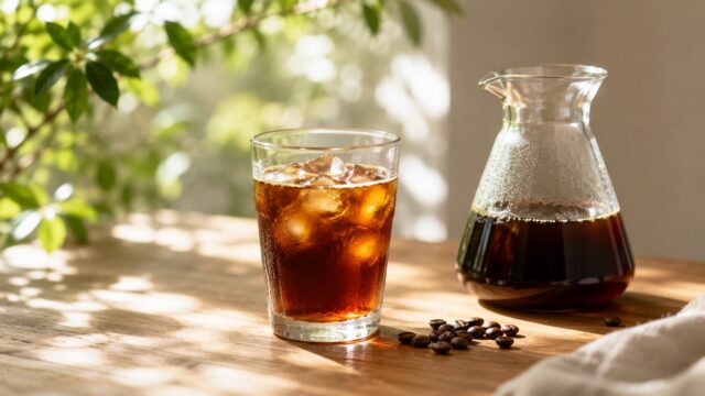 夏の午後、氷を入れたグラスのアイスコーヒーと水出しポット・コーヒー豆（涼しげな静物）