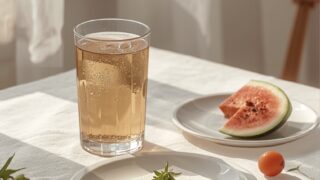 夏の明るい窓辺のテーブルに置かれた、冷たい麦茶のグラス・冷や奴・すいか・ミニトマト