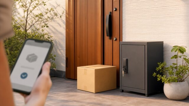 玄関前の荷物と宅配ボックスをスマートフォンで確認する様子