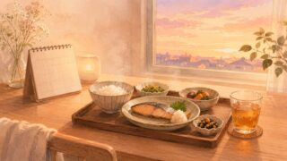 夕方の光が差すテーブルに温かい夕食のトレー