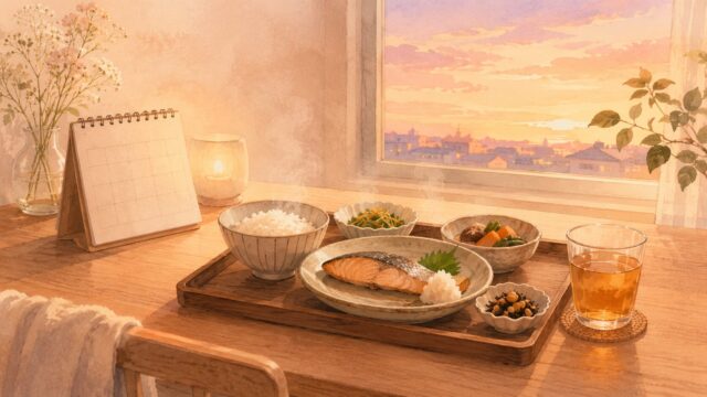 夕方の光が差すテーブルに温かい夕食のトレー