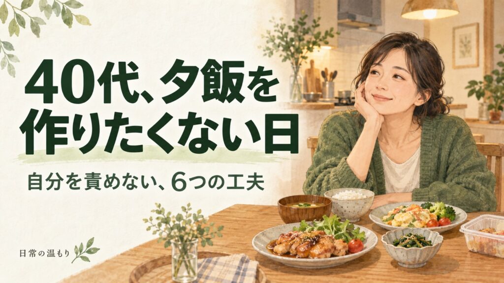 「40代、夕飯を作りたくない日 自分を責めない、6つの工夫」の見出しと、用意した食事のあるテーブルで休む女性