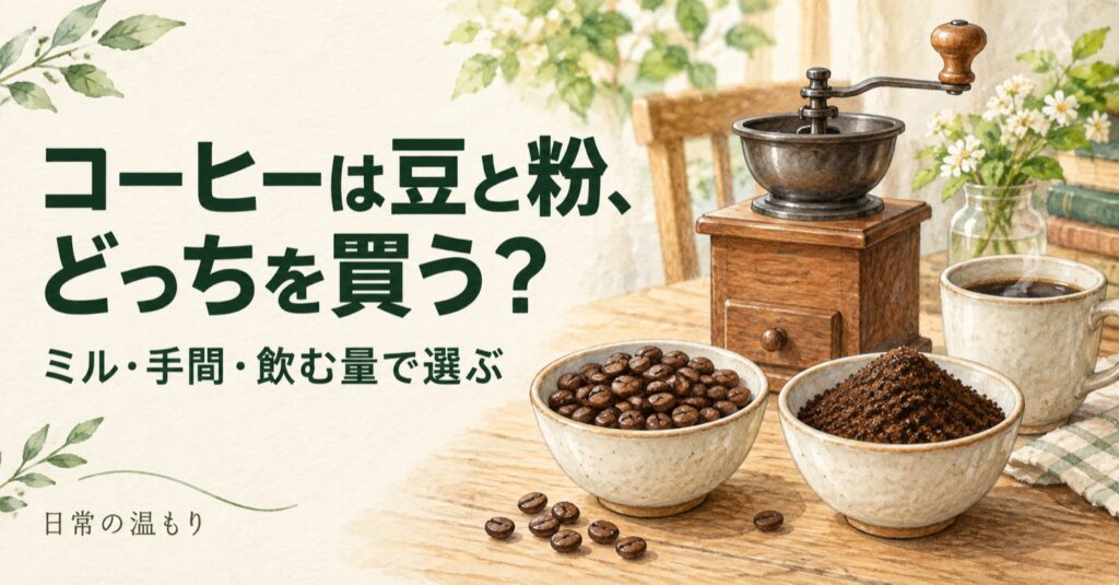 「コーヒーは豆と粉、どっちを買う? ミル・手間・飲む量で選ぶ」の見出しと、コーヒー豆・粉・ミル