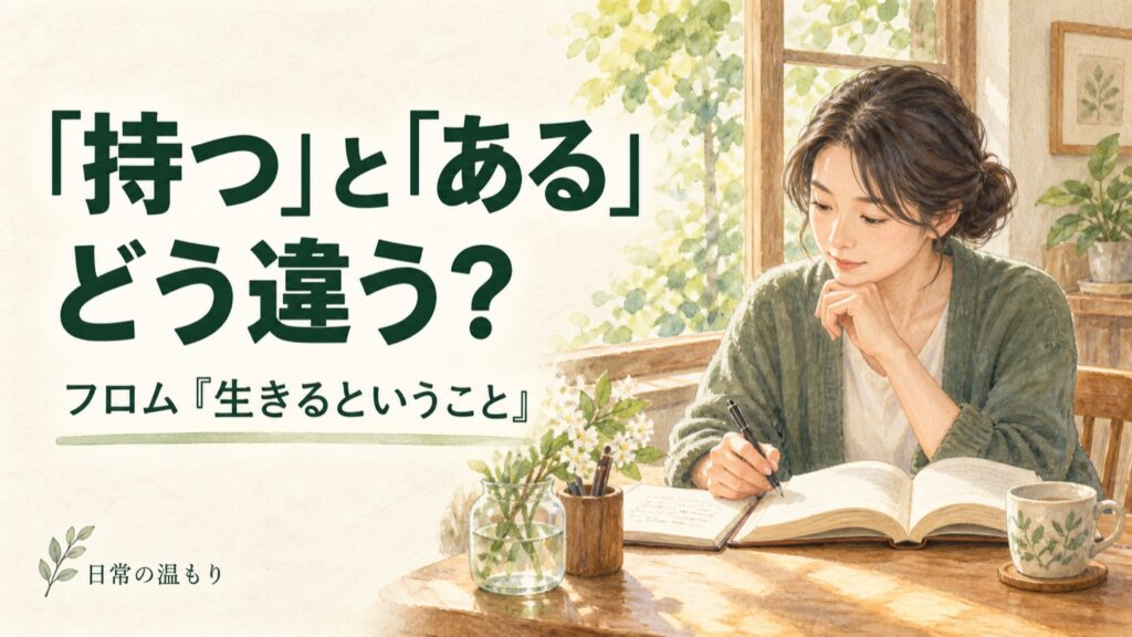 「持つ」と「ある」はどう違う? フロム『生きるということ』の見出しと、窓辺で本を読む大人