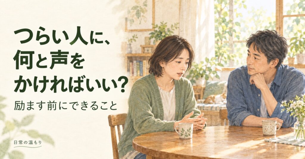 つらい人に、何と声をかければいい? 励ます前にできること。室内で二人が静かに話すイラスト。